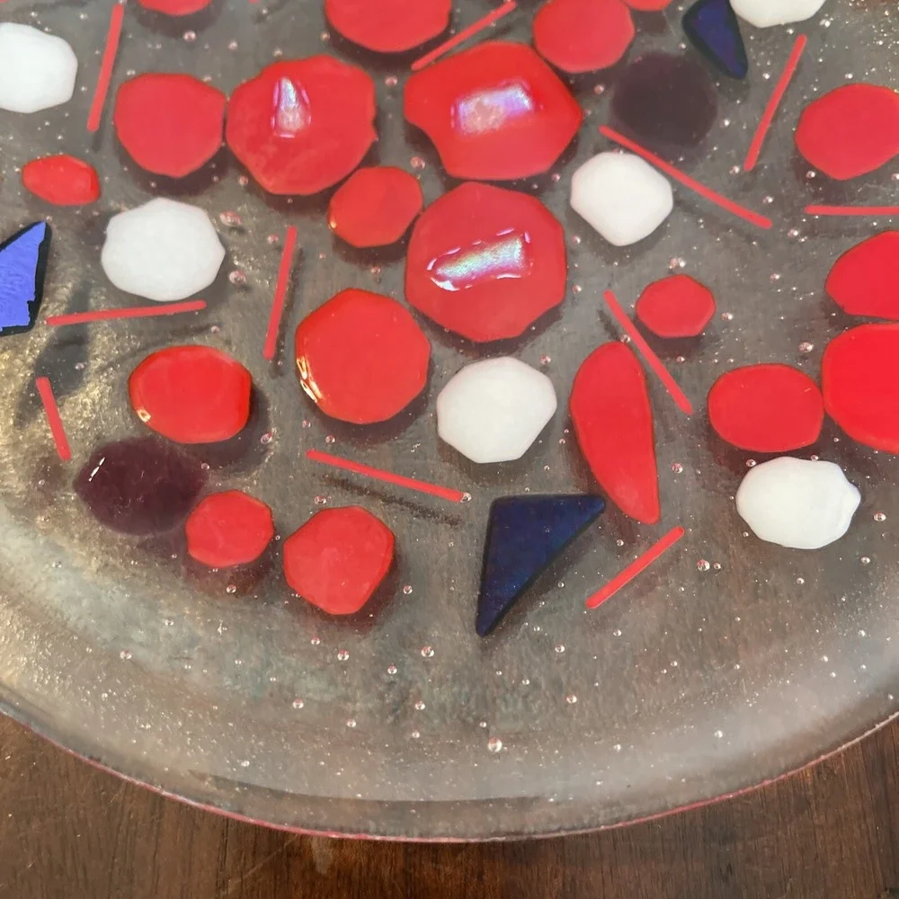 Vintage‎ Studio Art Glass Plate Abstract Geometric Fused Iridescent Red Cobalt